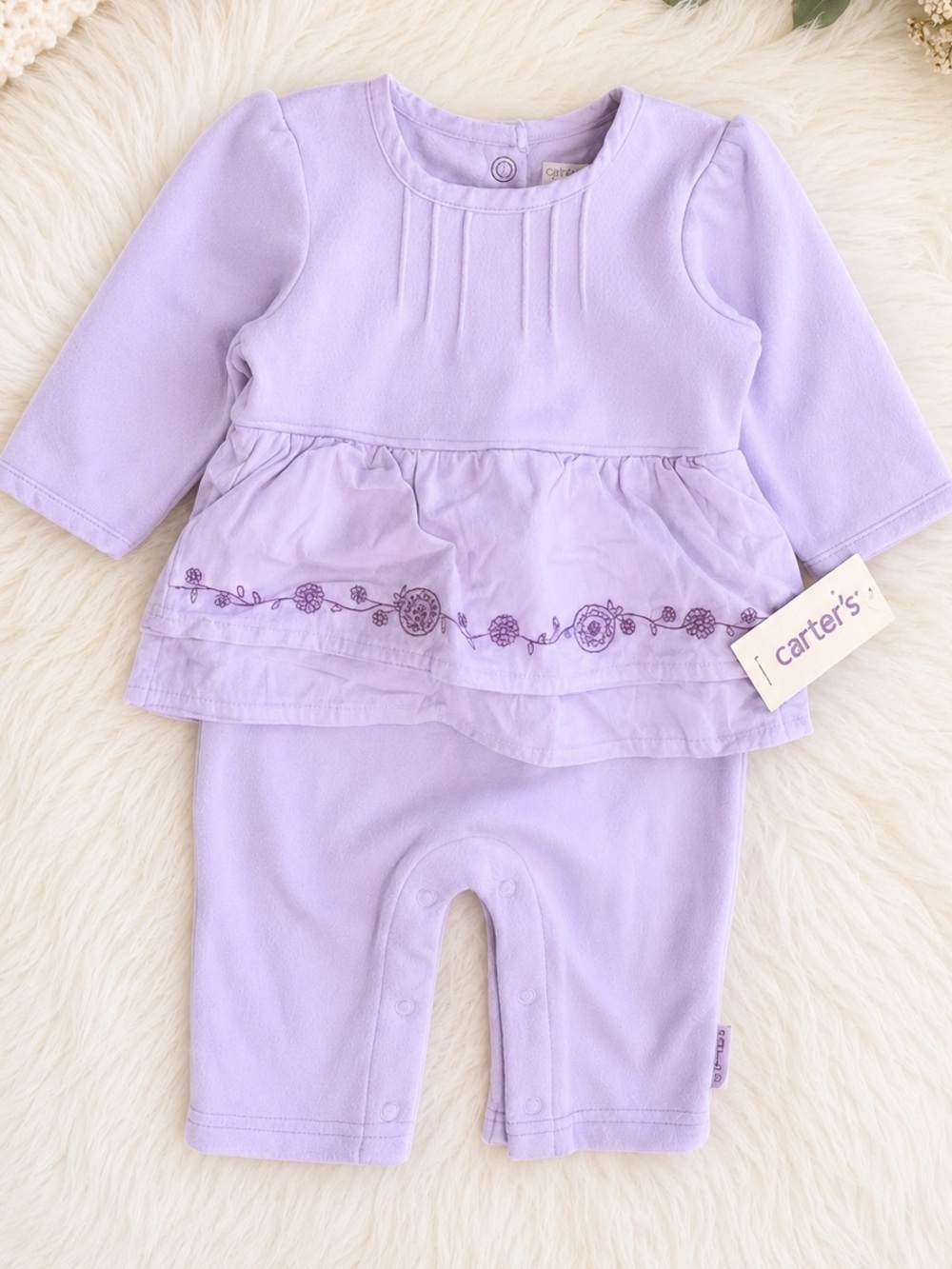 New Vintage Carter's Baby Girl Skirted Lavender One-Piece Floral Embroidered